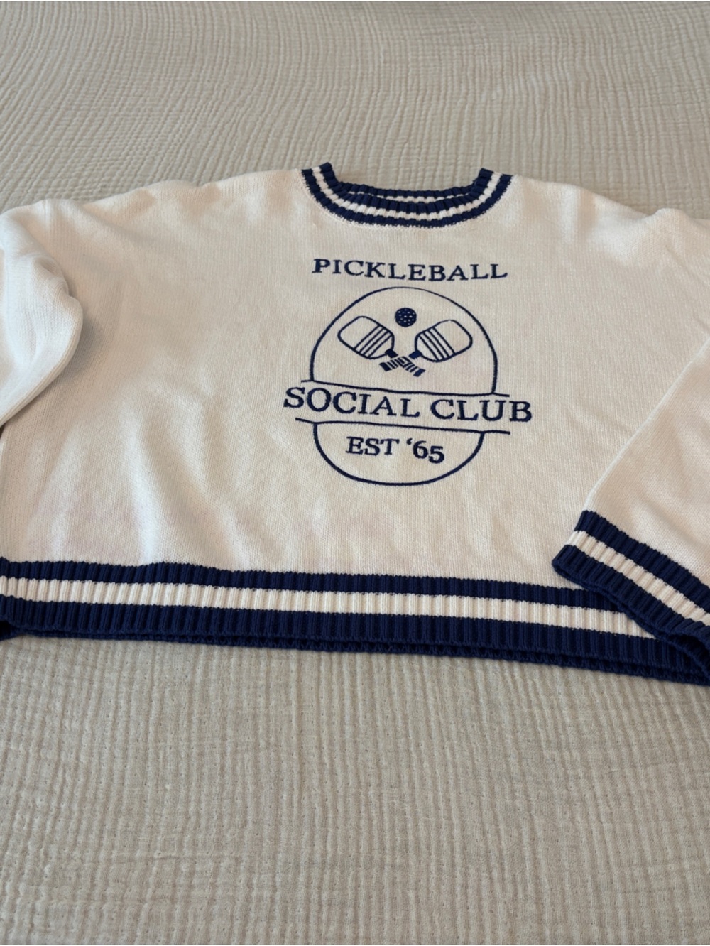 Sincerely Jules White Crewneck Sweater with Navy Pickleball Graphic